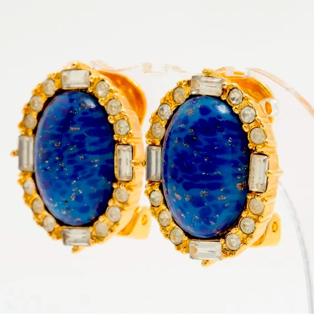 Christian Dior Clip On Crystal Runway Statement Earrings Gold Blue